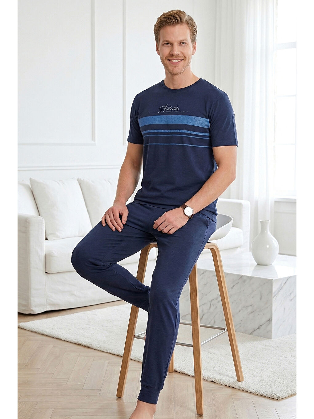 Erkek Penye Kısa Kol Pijama Takımı 2333 Lacivert-2