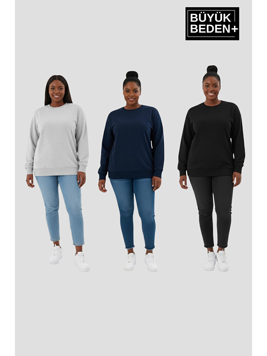 Siyah Kadın Büyük Beden İkili Bisiklet Yaka 3'lü Set -Rahat Kalıp İnce Sweatshirt SPR26BSW956+3