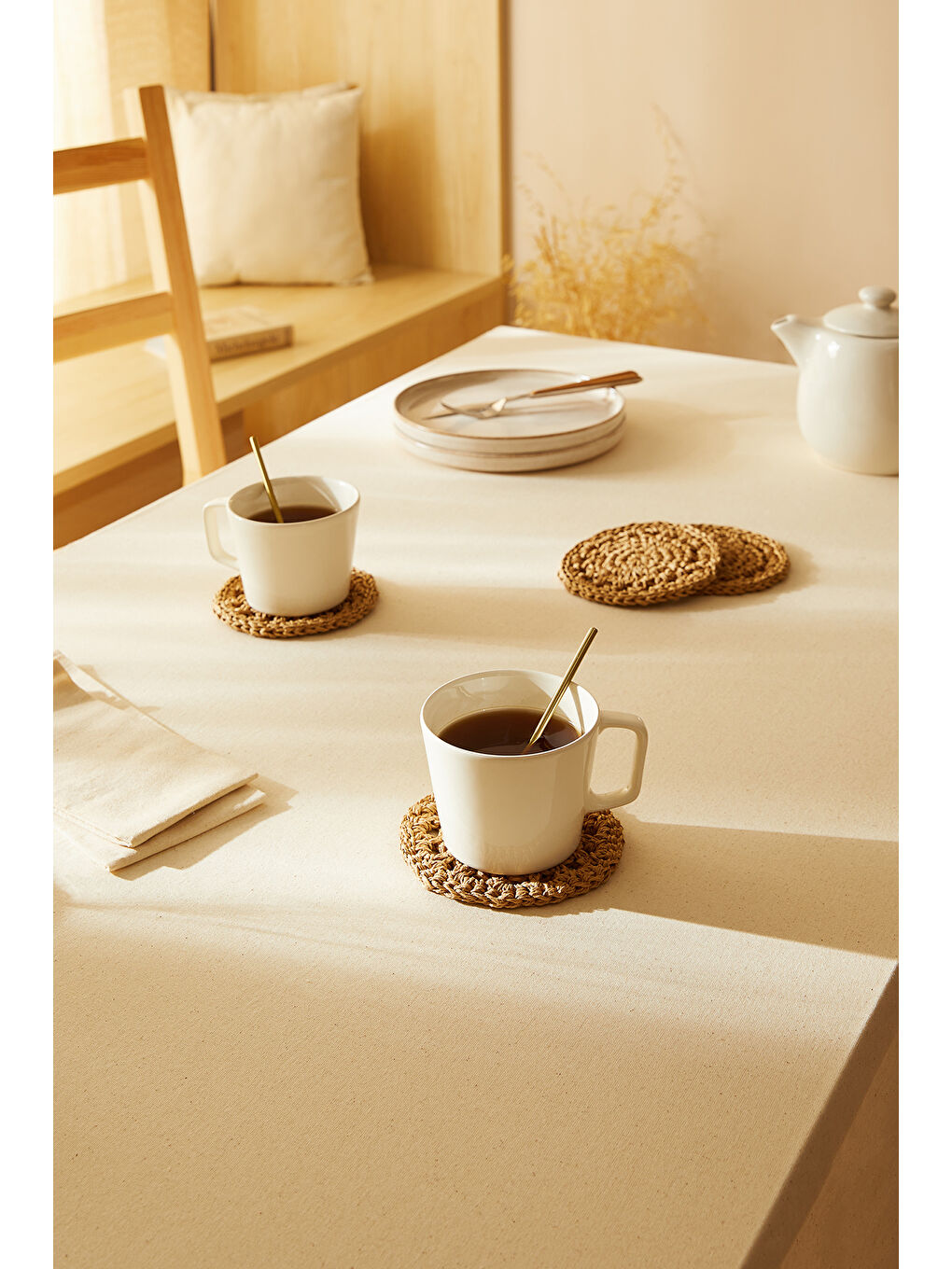 4'lü Bej Renk Motifli Rafya Bardak Altlığı Ø 11 cm
