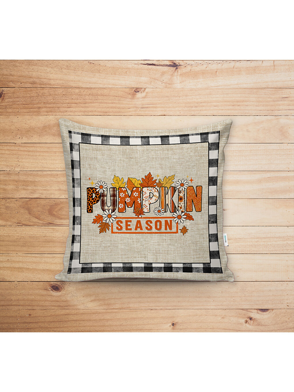 Karışık Çift Taraf Baskılı Kadife Doku Sonbahar Ve Kabak Desenli Kırlent Kılıfı-1