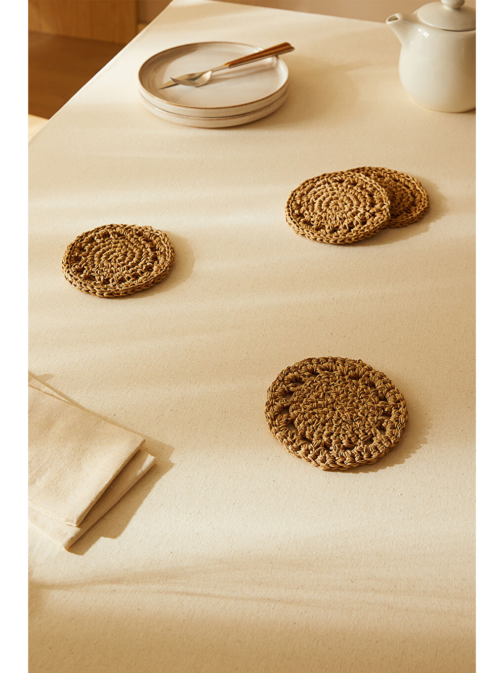 4'lü Bej Renk Motifli Rafya Bardak Altlığı Ø 11 cm-2
