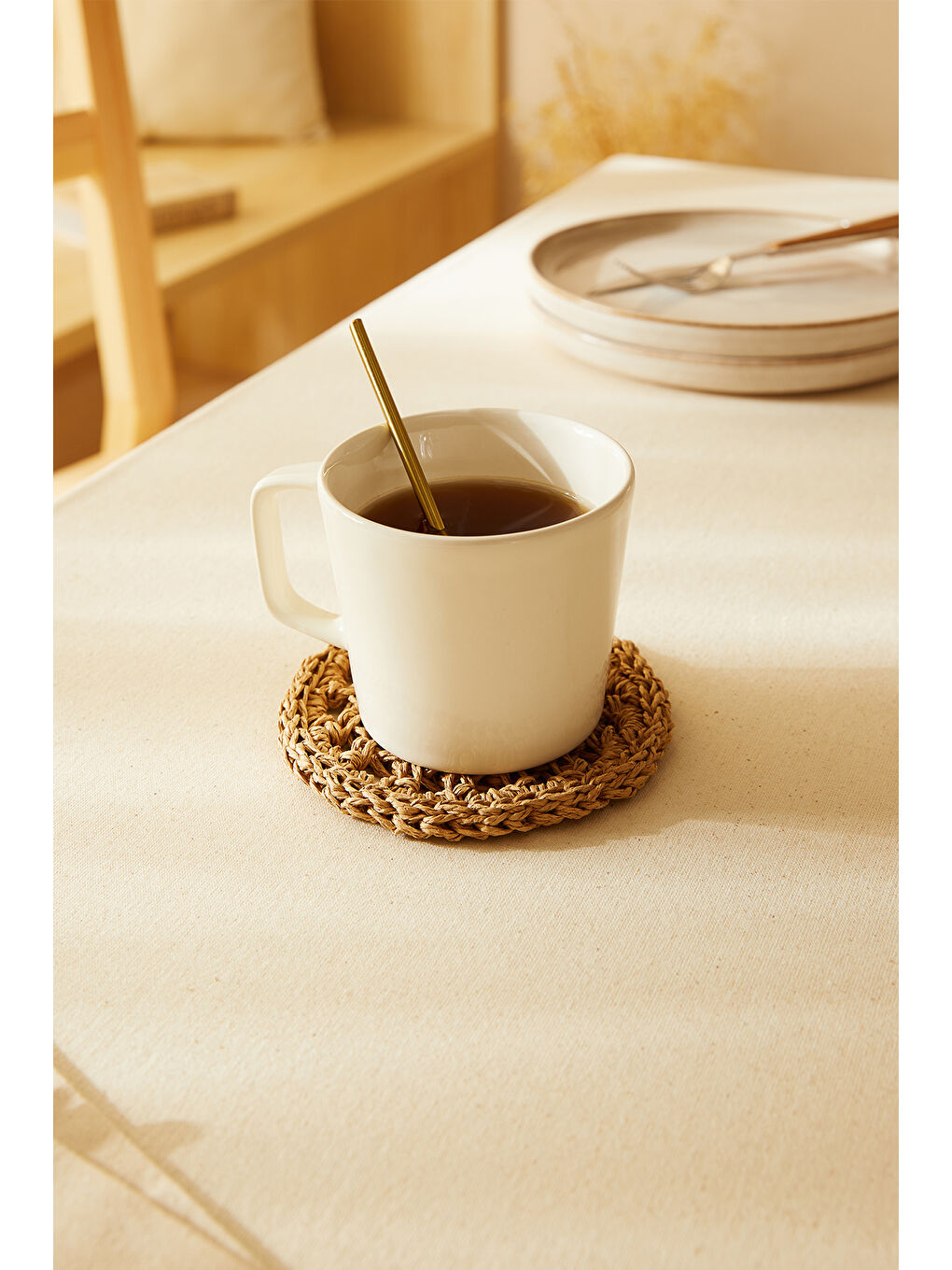 4'lü Bej Renk Motifli Rafya Bardak Altlığı Ø 11 cm-4