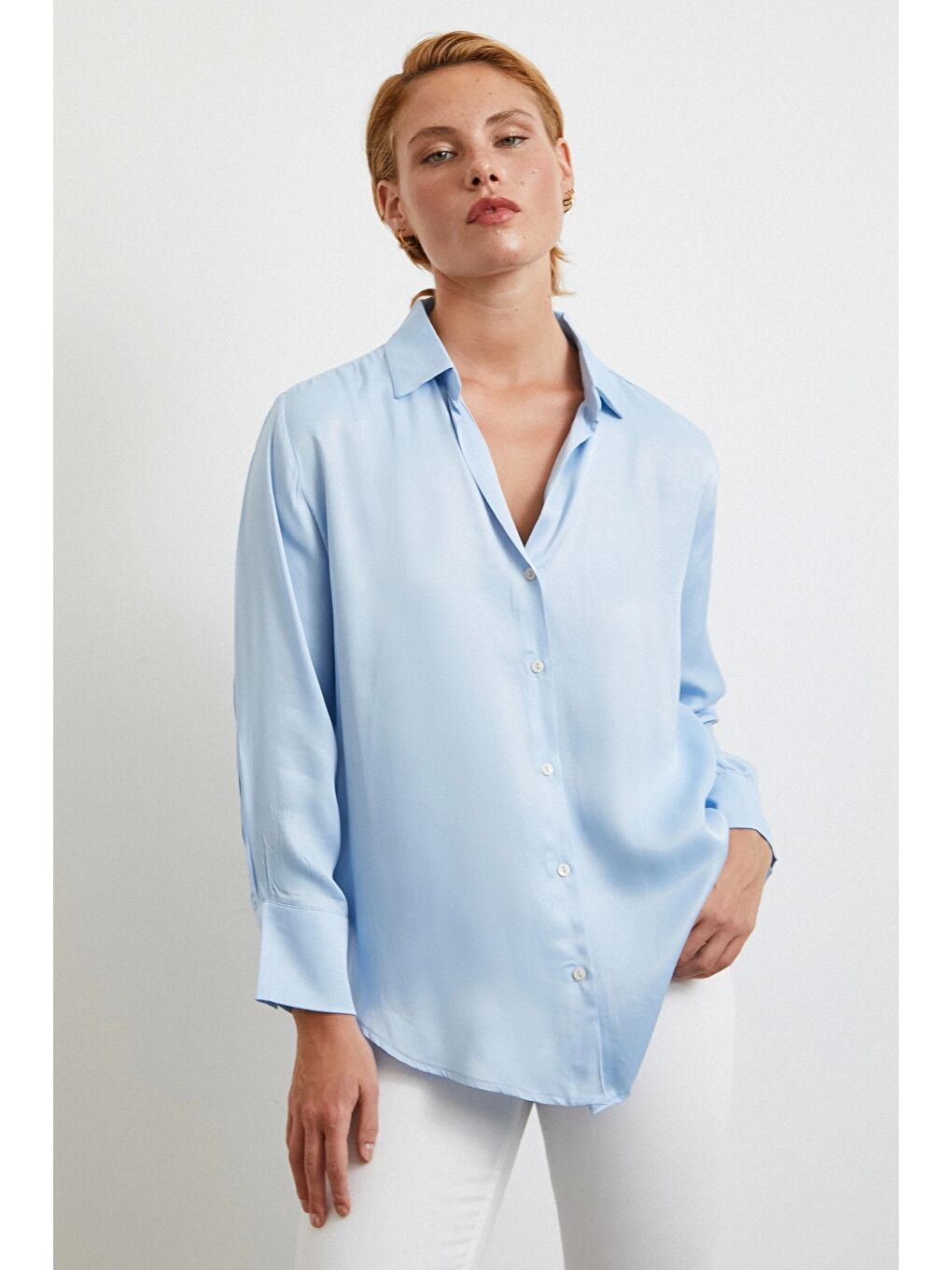 Viskon Saten Gömlek Mavi-1