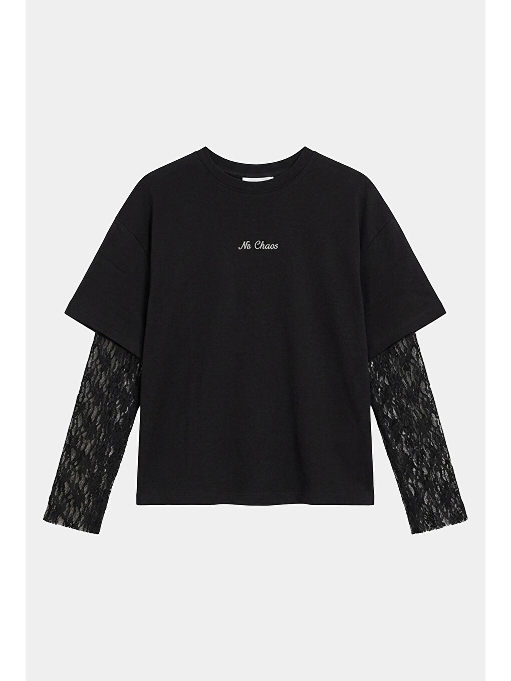 Kadın Siyah W6-1 Oversize Dantel Detaylı Uzun Kollu Tasarım T-shirt-2