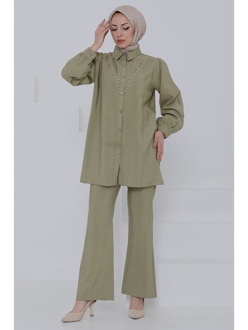 Modal Taşlı İkili Takım Haki - 27019