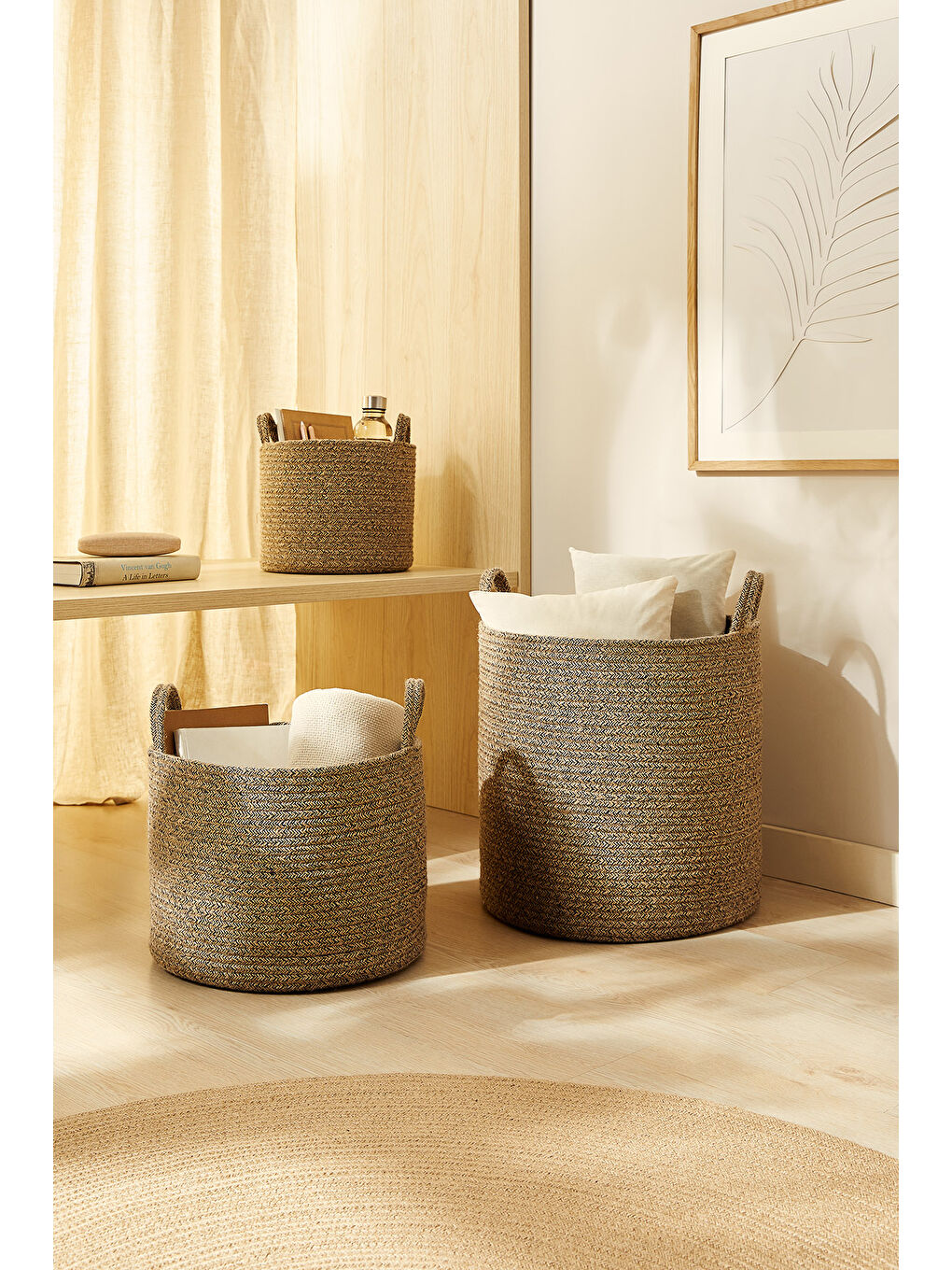 3'lü Siyah Kırçıllı Jüt Halat Sepet Set 26 x 22 / 35 x 27 / 40 x 40 cm