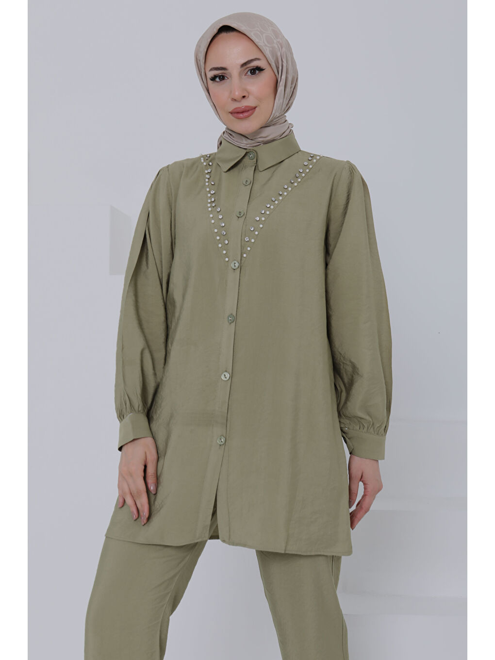 Modal Taşlı İkili Takım Haki - 27019-1