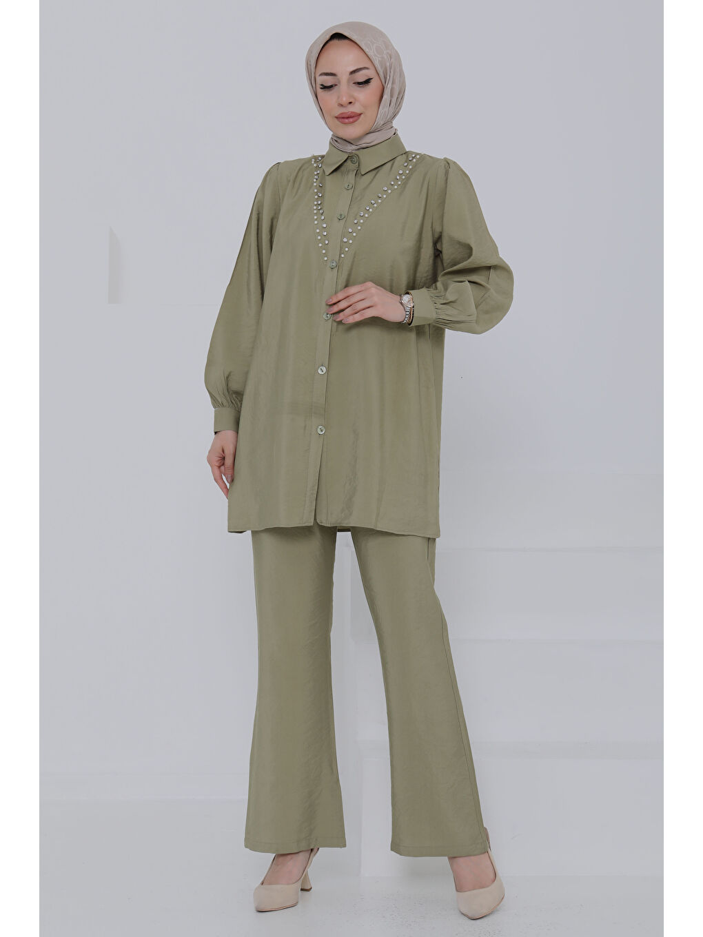 Modal Taşlı İkili Takım Haki - 27019-2
