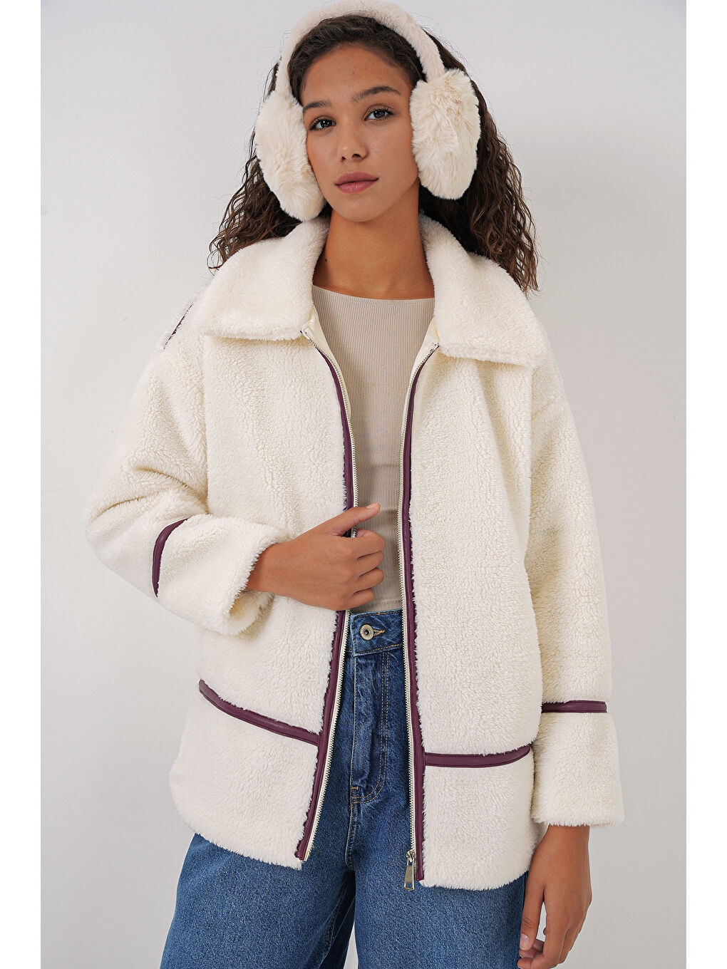 5173 Astarlı Pelüş Ceket   Mürdüm-2