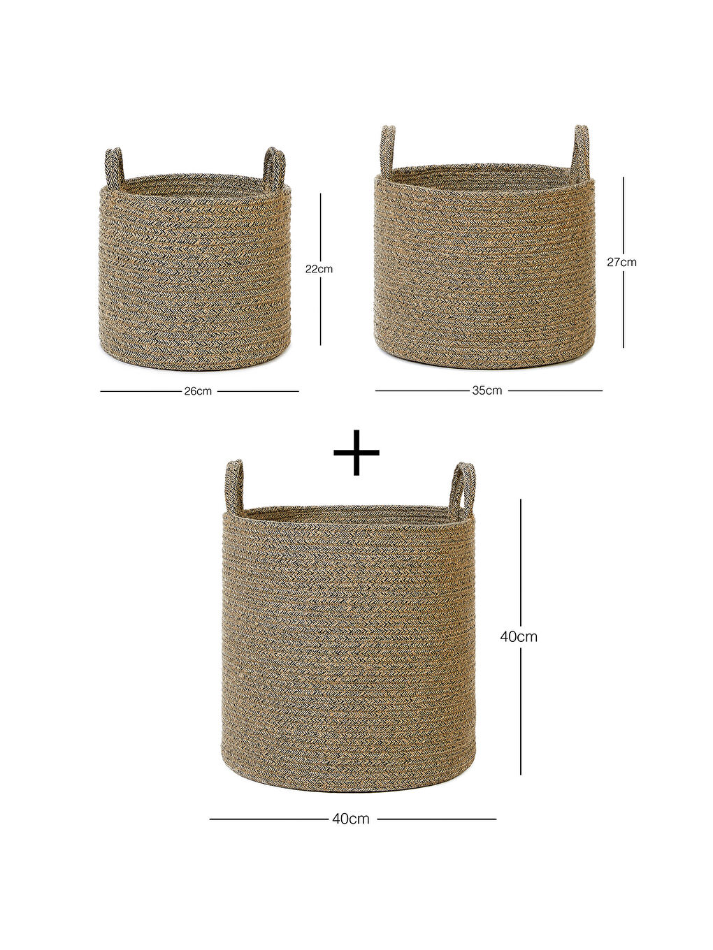 3'lü Siyah Kırçıllı Jüt Halat Sepet Set 26 x 22 / 35 x 27 / 40 x 40 cm-2