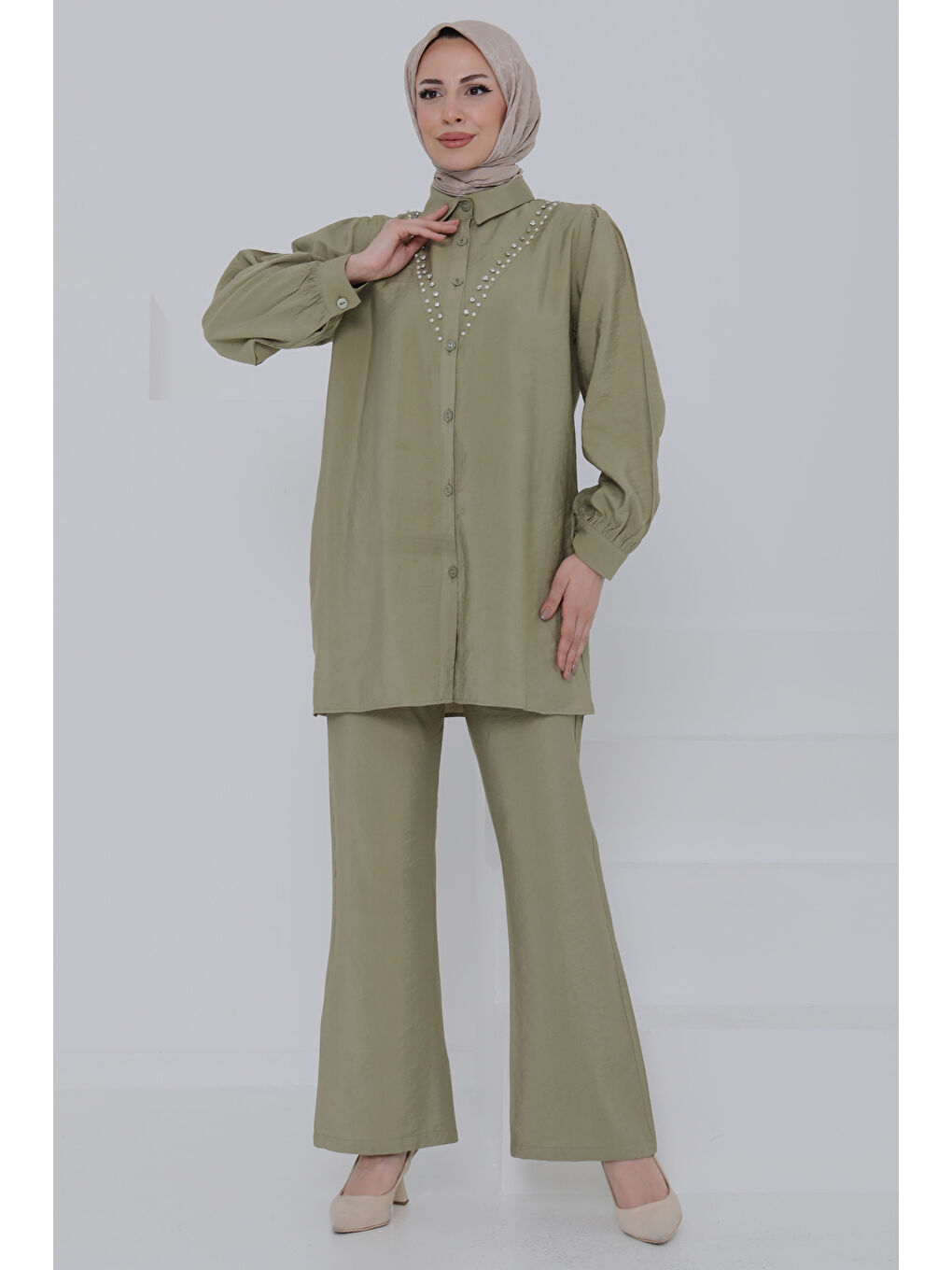 Modal Taşlı İkili Takım Haki - 27019-3