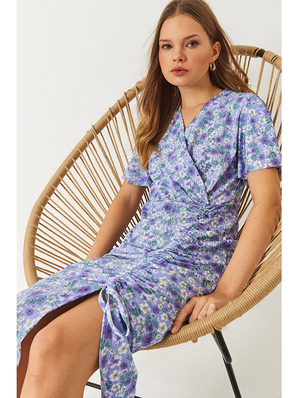 Lila Kadın Çiçekli Anvelop Yaka Yazlik Elbise-1