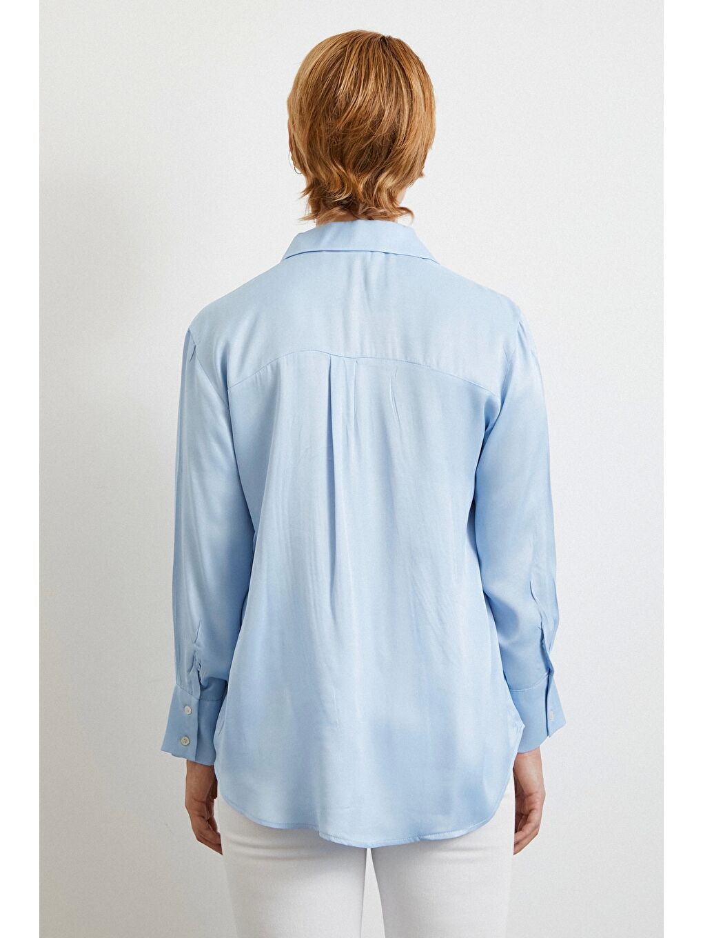 Viskon Saten Gömlek Mavi-5