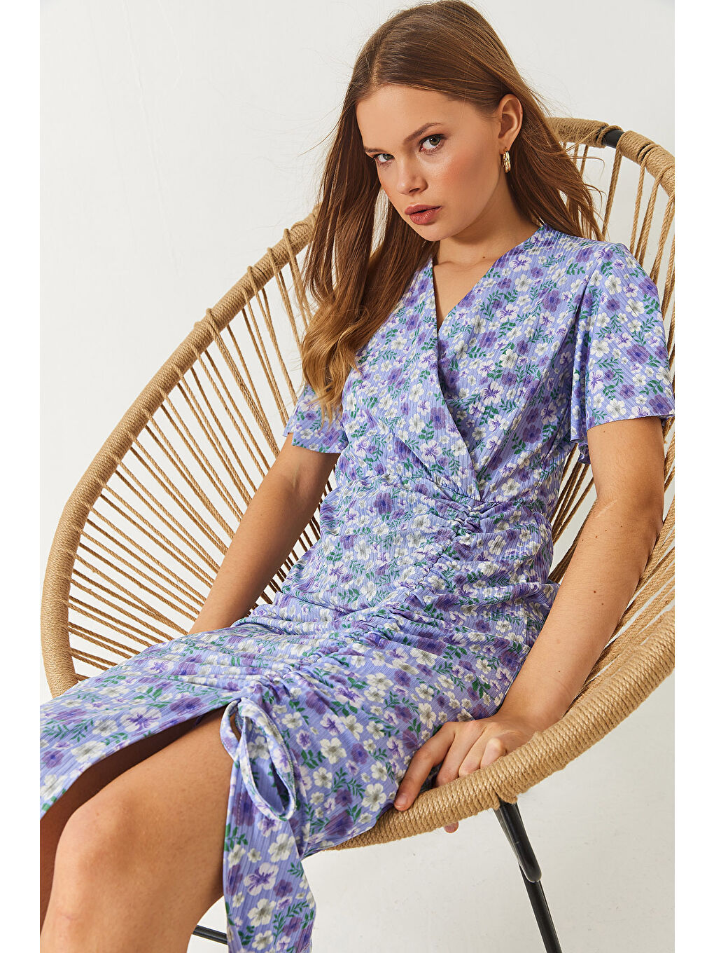 Lila Kadın Çiçekli Anvelop Yaka Yazlik Elbise-2