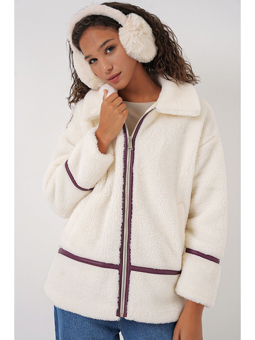 5173 Astarlı Pelüş Ceket   Mürdüm-3