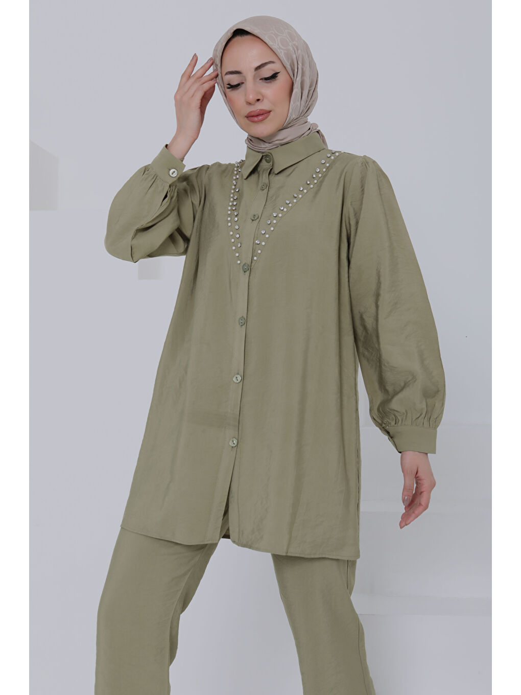 Modal Taşlı İkili Takım Haki - 27019-4