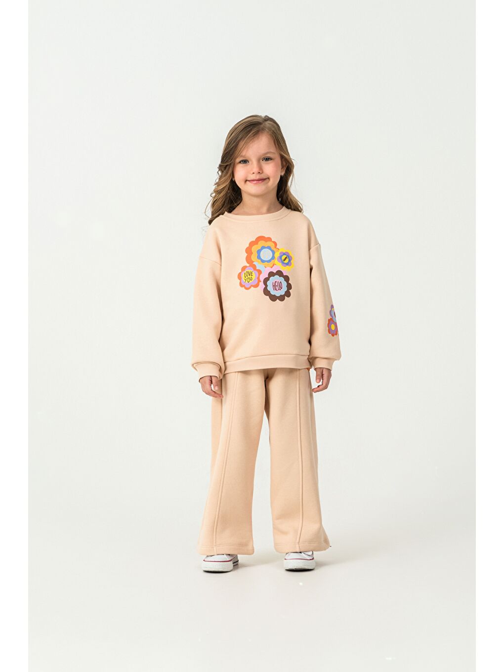 Ekru Kız Çocuk 3 İplik Kumaş İspanyol Paça Eşofman Takımı