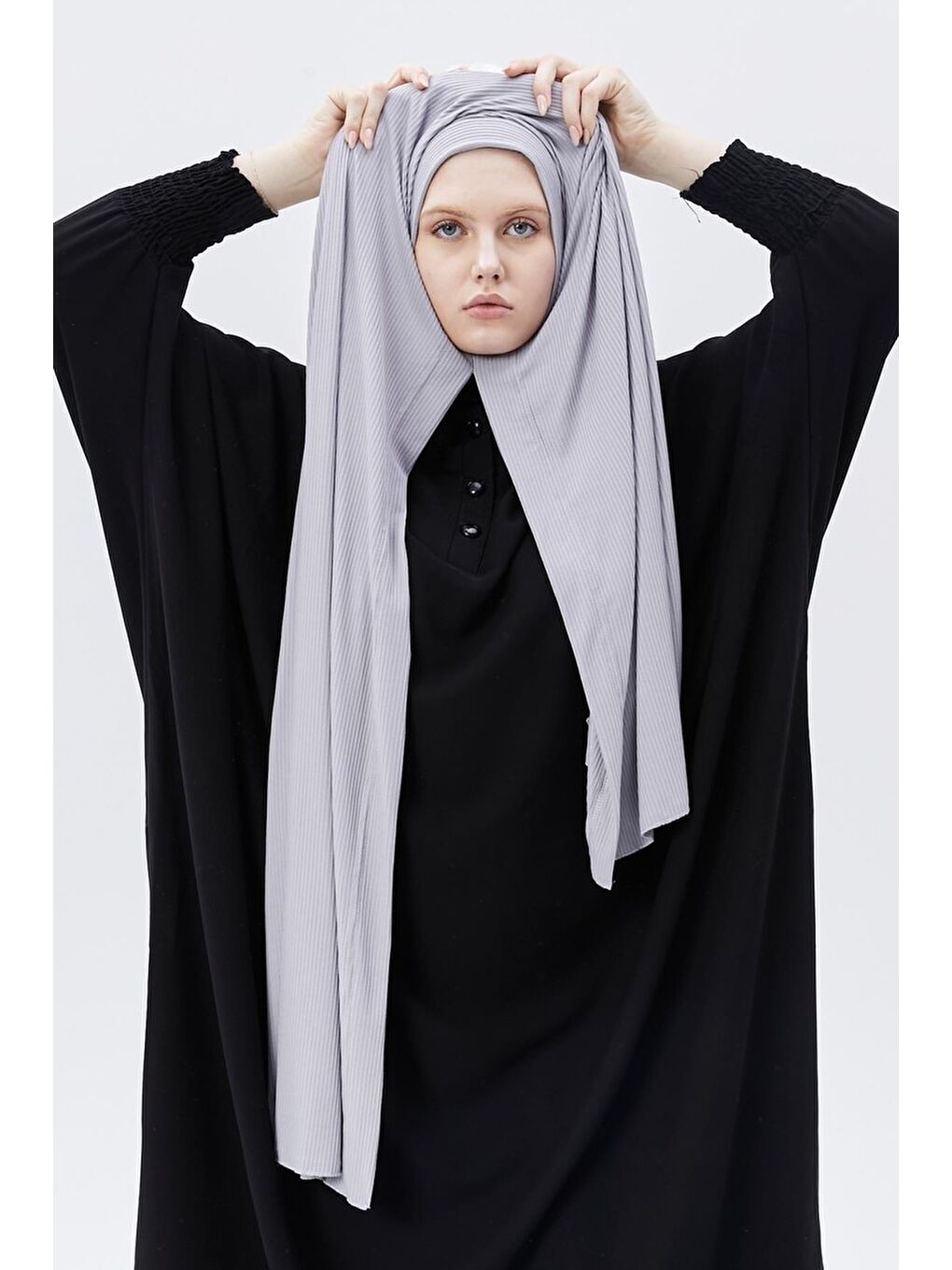Gri Hazır Pratik Geçmeli Lüks Organik Çizgili Kaşkorse Şal Çapraz Hizalı