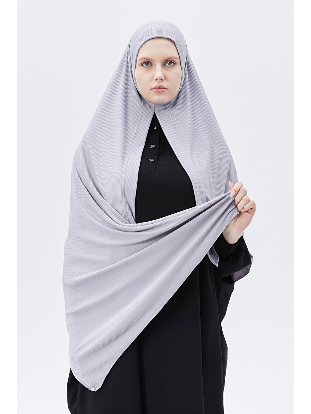 Gri Hazır Pratik Geçmeli Lüks Organik Çizgili Kaşkorse Şal Çapraz Hizalı-2