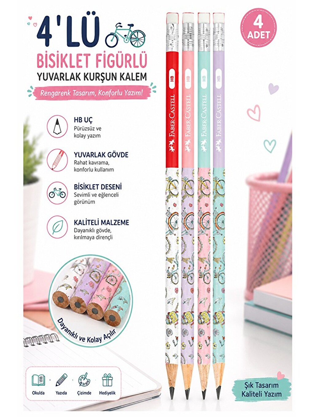 Bisiklet Silgili Kurşun Kalem 4 Adet Faber Gövdeli Siyah Kurşun Kalem Yumuşak Yazım