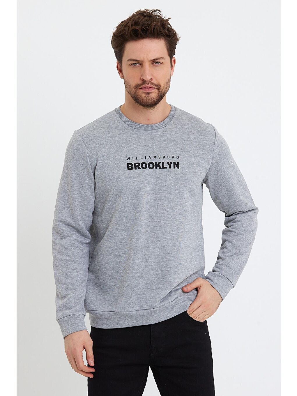 Gri Erkek Bisiklet Yaka Regular Fit 3 İplik Kalın Brooklyn Baskılı Sweatshirt SPR24sw29-1