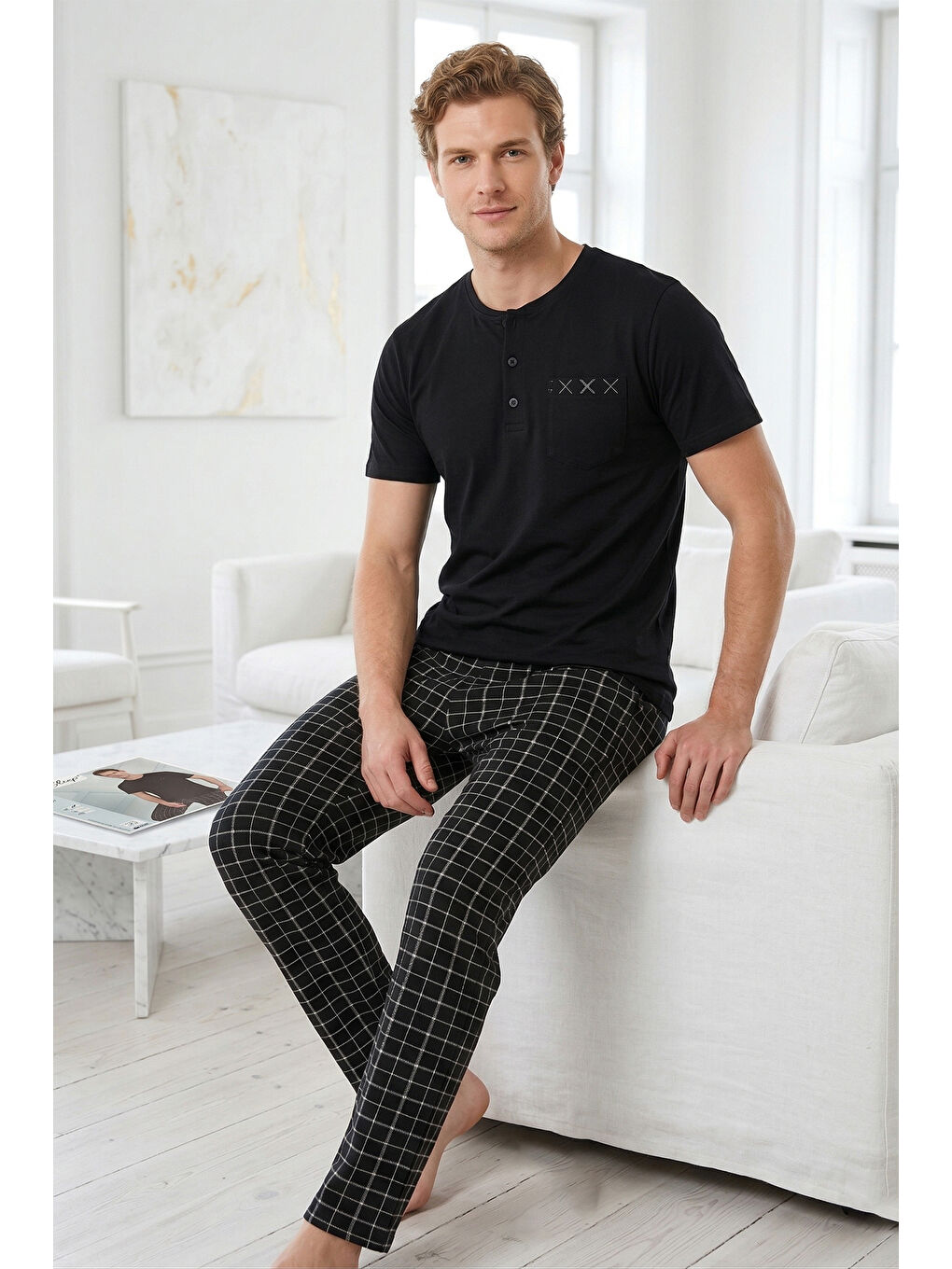 Erkek Penye Kısa Kol Pijama Takımı 2343 Siyah01-1