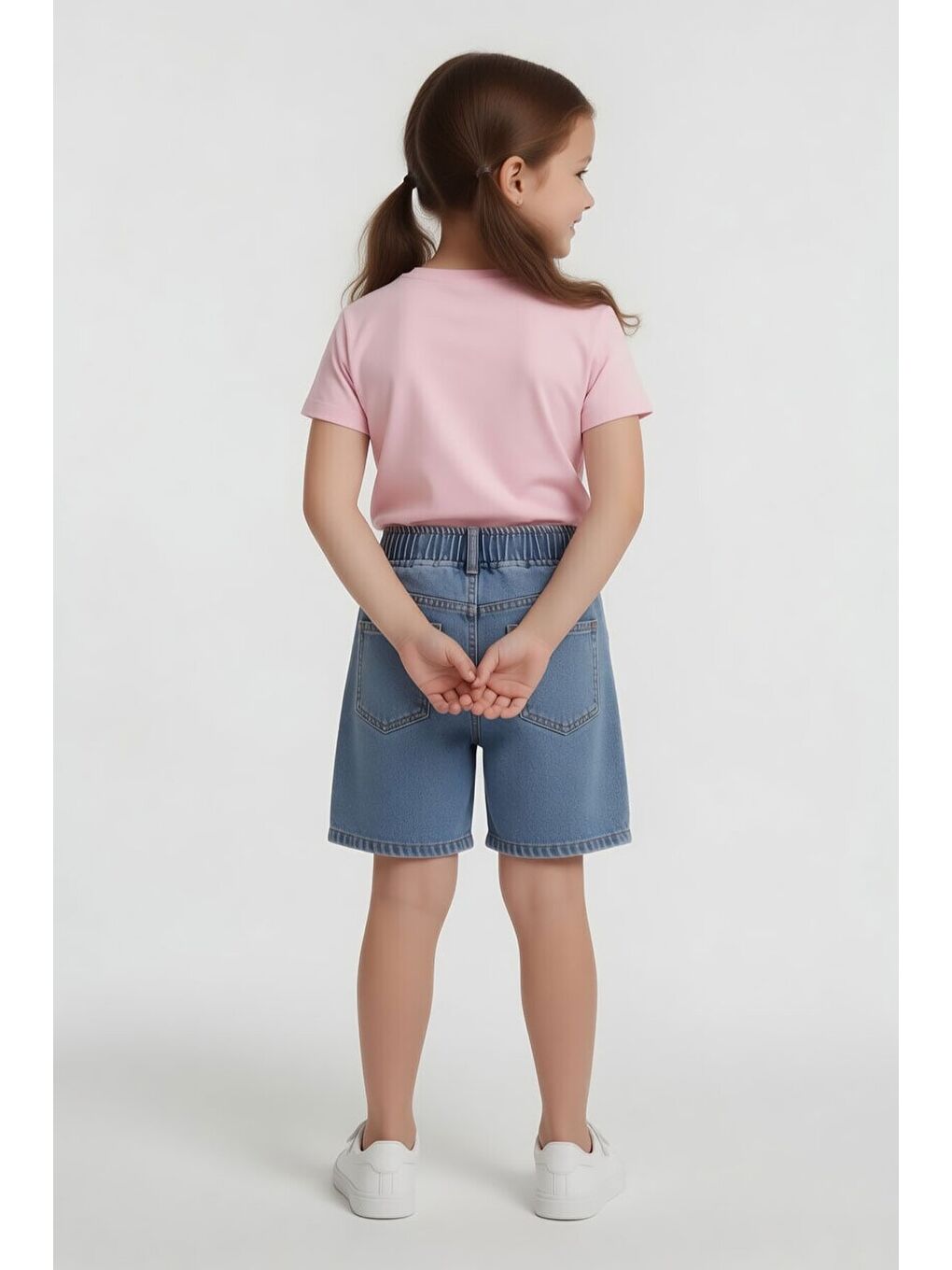 Pembe Kalp Nakışlı Badili Jean Şortlu Kız Çocuk Takım 24052-4