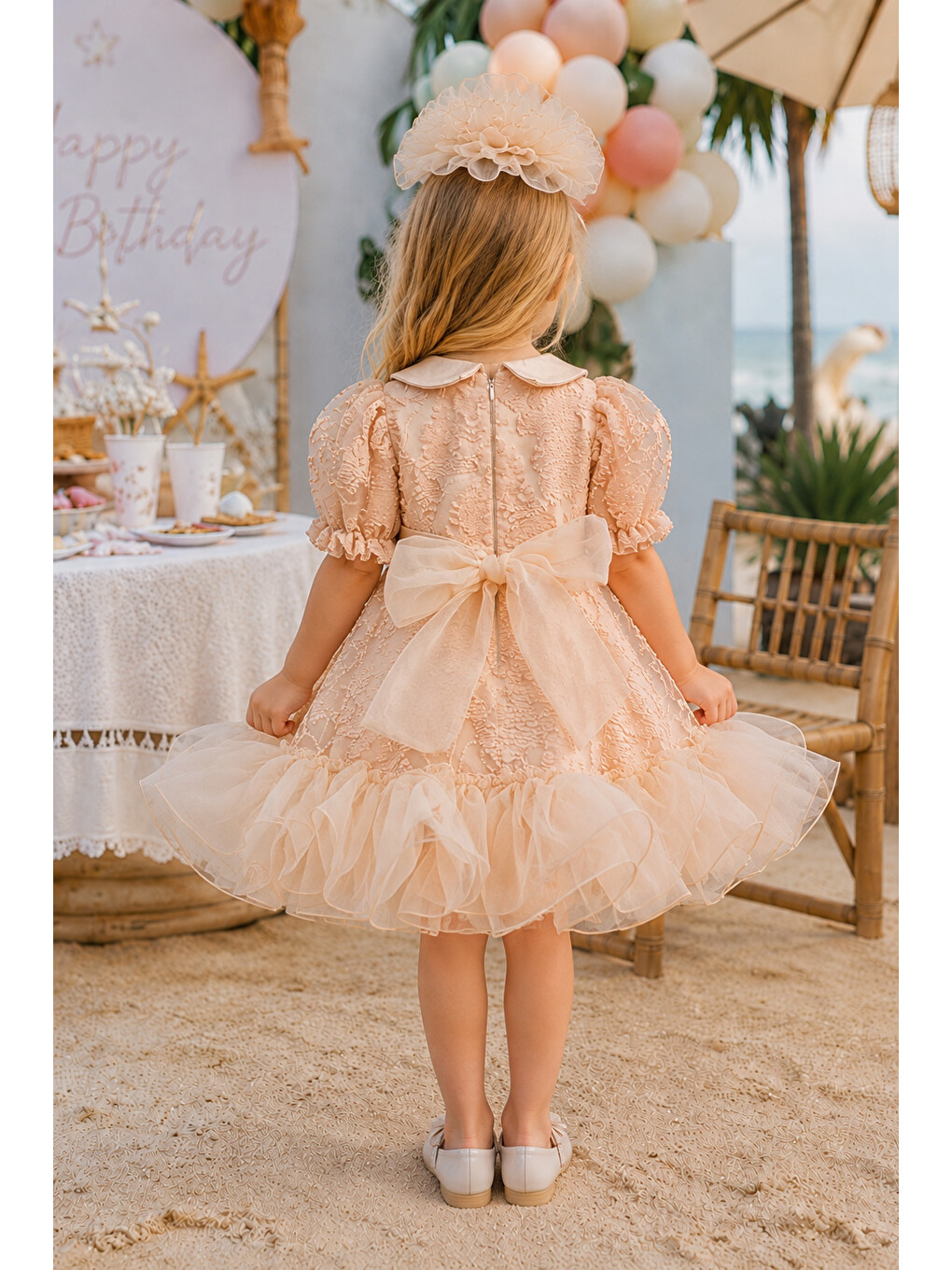 Pembe Kız Çocuk Bebe Yaka ,çiçek Aksesuar Taçlı,balon Kol Tasarım Elbise-1