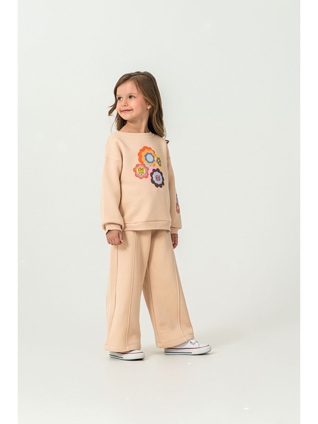 Ekru Kız Çocuk 3 İplik Kumaş İspanyol Paça Eşofman Takımı-1