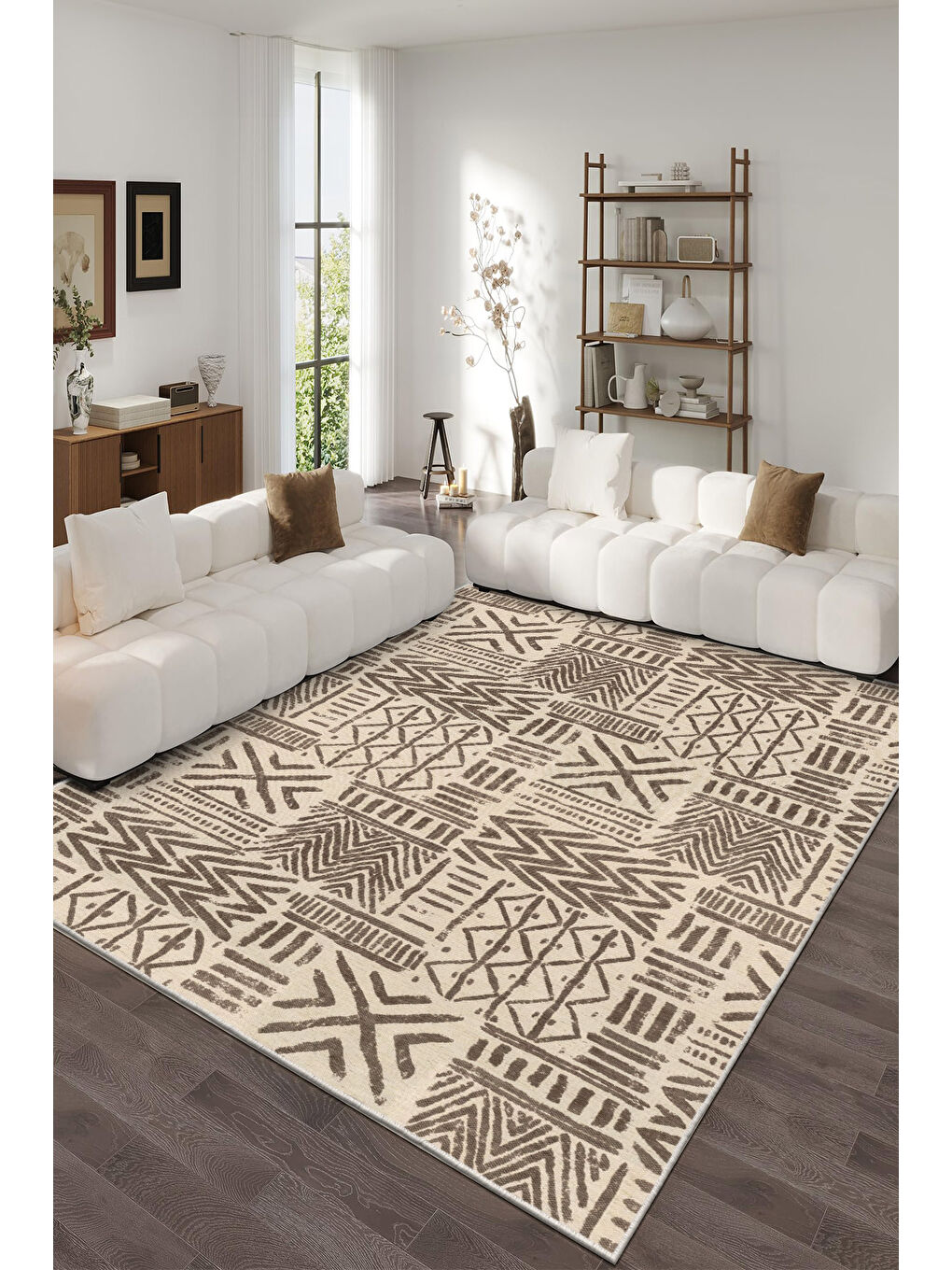 Kahverengi Dekoratif Özel Tasarım Yıkanabilir İnce Kaymaz Tabanlı Modern Halı KECE FR48