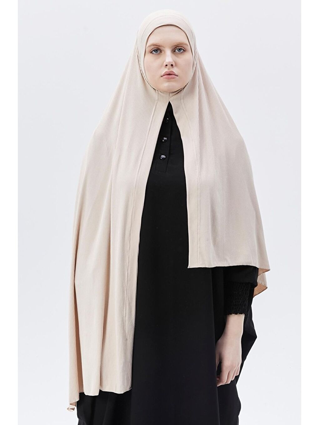 Bej Hazır Pratik Geçmeli Lüks Organik Çizgili Kaşkorse Şal Çapraz Hizalı-1