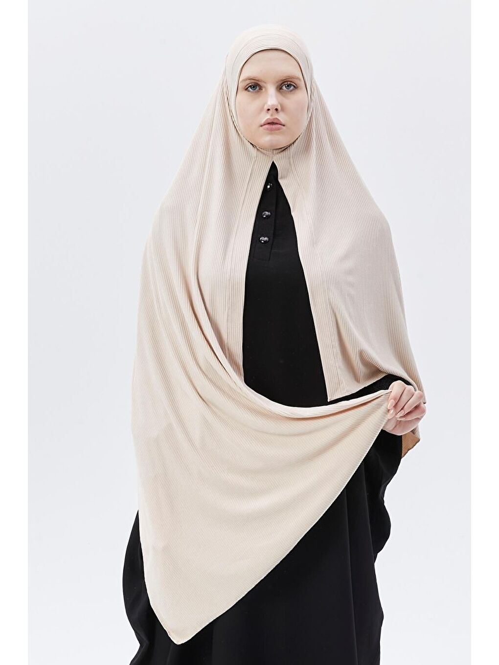 Bej Hazır Pratik Geçmeli Lüks Organik Çizgili Kaşkorse Şal Çapraz Hizalı-2