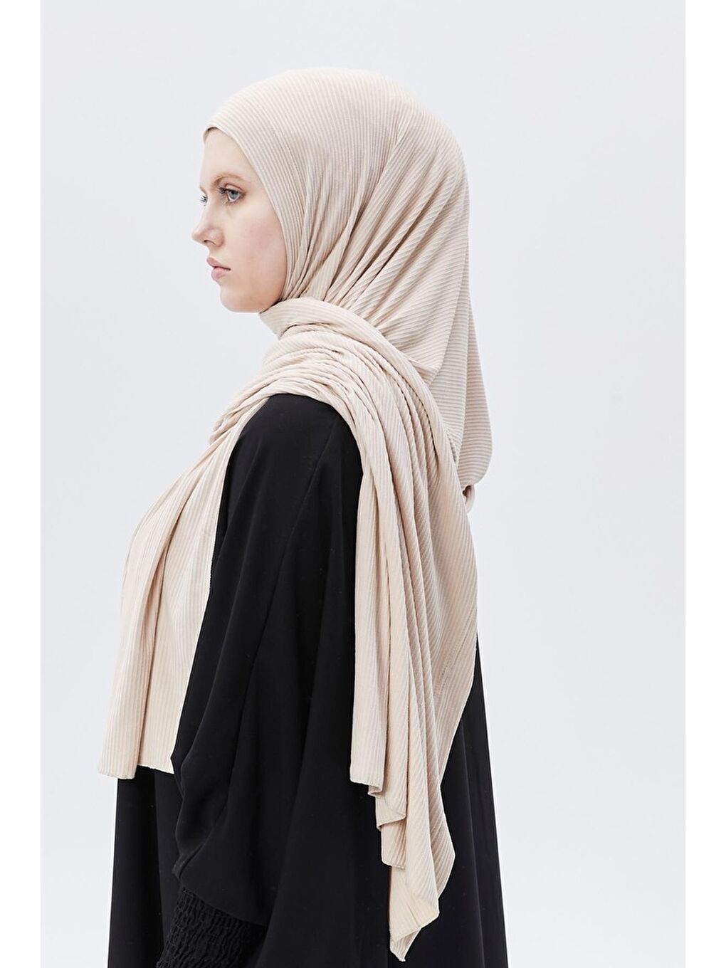 Bej Hazır Pratik Geçmeli Lüks Organik Çizgili Kaşkorse Şal Çapraz Hizalı-4