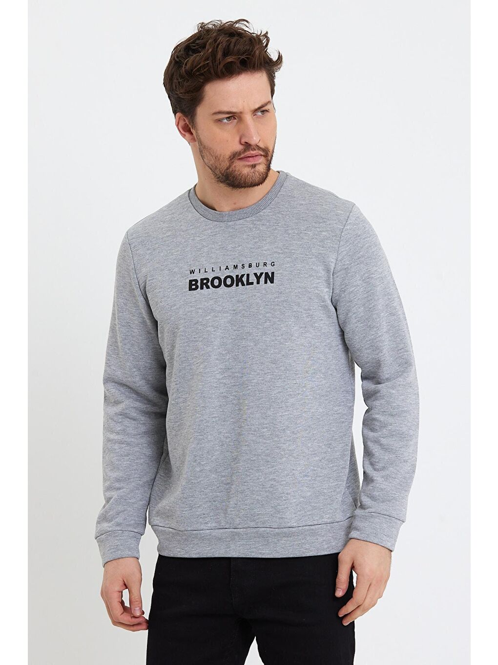 Gri Erkek Bisiklet Yaka Regular Fit 3 İplik Kalın Brooklyn Baskılı Sweatshirt SPR24sw29-2