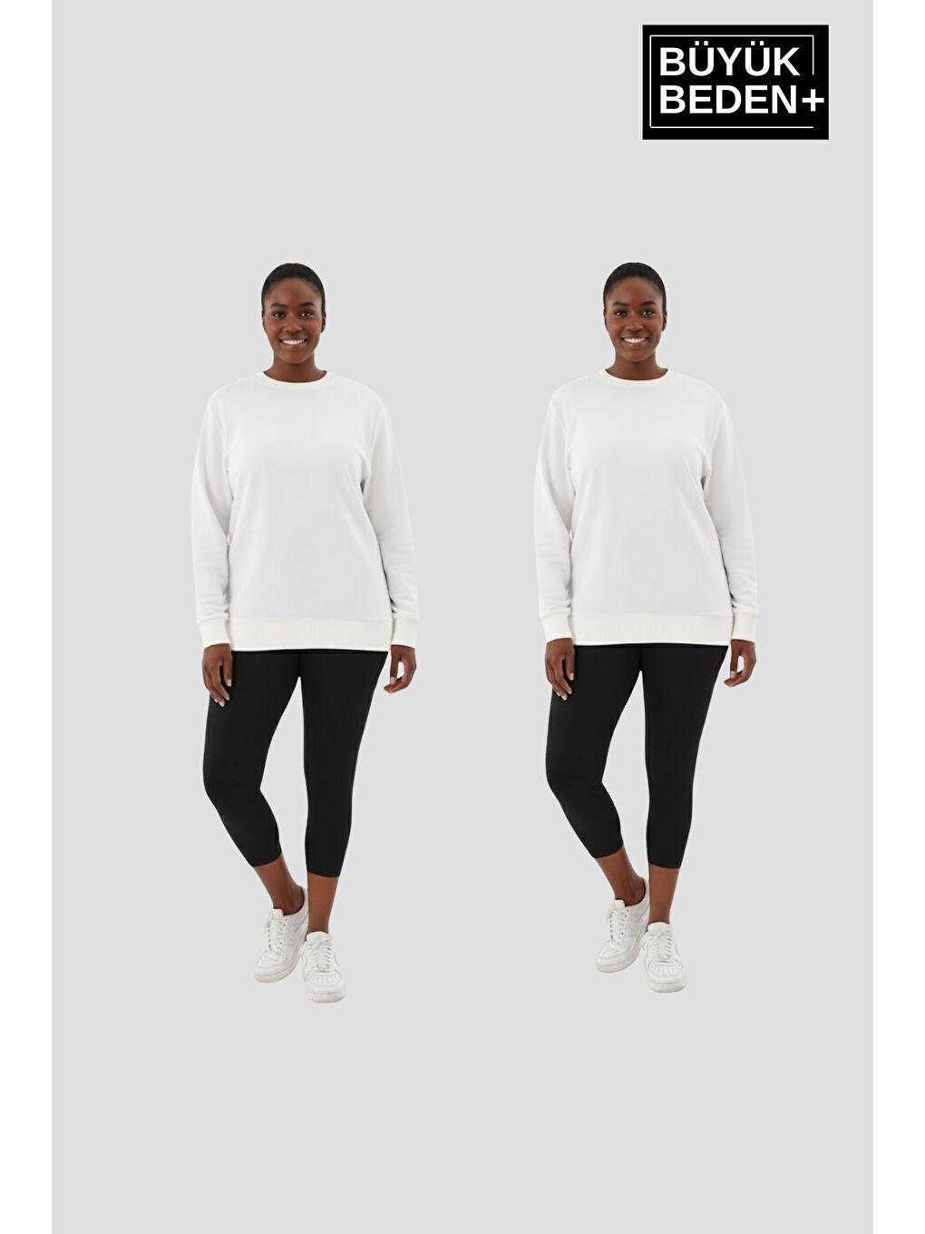 Ekru Kadın Büyük Beden Bisiklet Yaka 2’li Set-Rahat Kalıp İnce Sweatshirt SPR26BSWK956+2