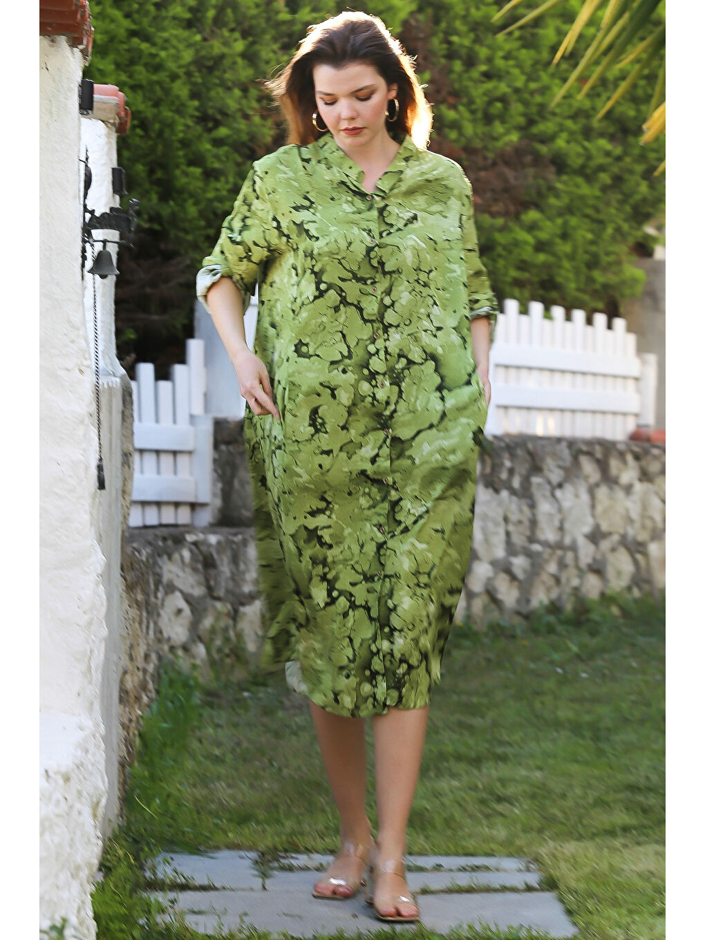 Açık Yeşil Hakim Yaka Düğmeli Uzun Kollu Gizli Cepli Casual Viskon Dokuma Elbise 125 65-2