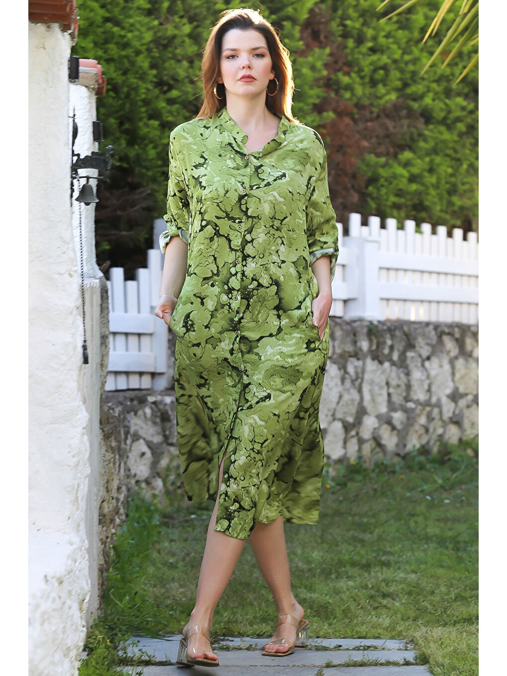 Açık Yeşil Hakim Yaka Düğmeli Uzun Kollu Gizli Cepli Casual Viskon Dokuma Elbise 125 65-3