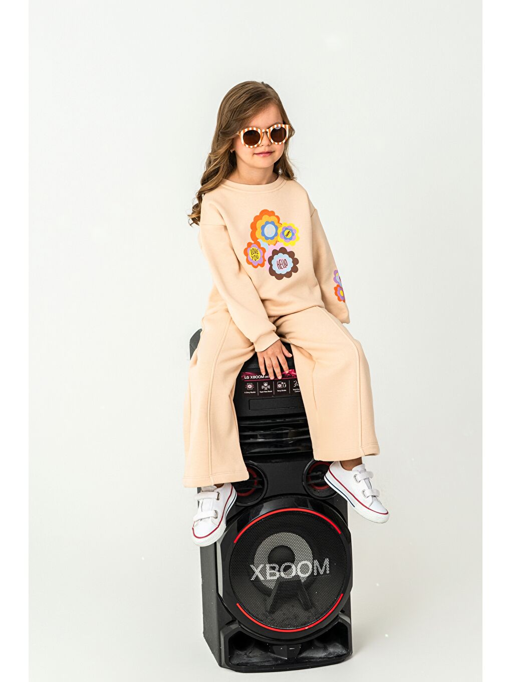 Ekru Kız Çocuk 3 İplik Kumaş İspanyol Paça Eşofman Takımı-3