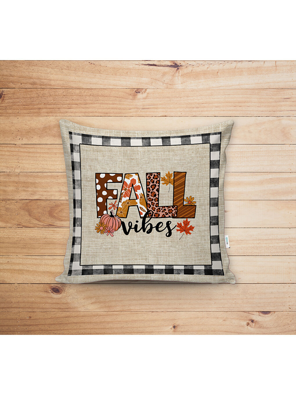 Karışık Çift Taraf Baskılı Kadife Doku Sonbahar Ve Kabak Desenli Kırlent Kılıfı-1