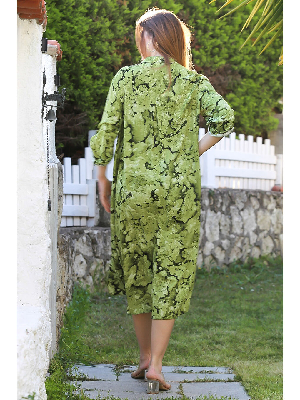 Açık Yeşil Hakim Yaka Düğmeli Uzun Kollu Gizli Cepli Casual Viskon Dokuma Elbise 125 65-6