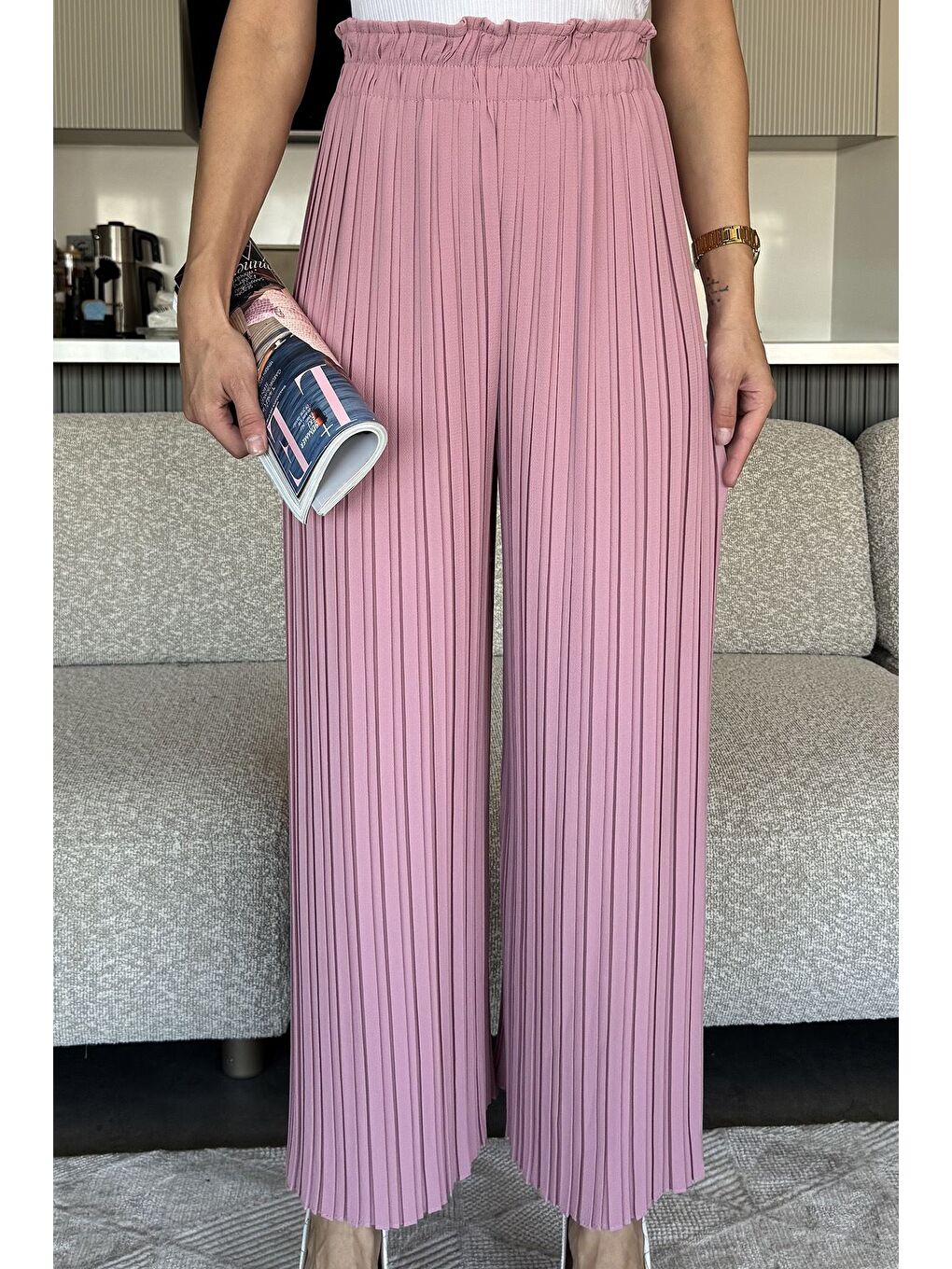 Pembe Kadın Bel Lastikli Piliseli Bol Kesim Pantolon