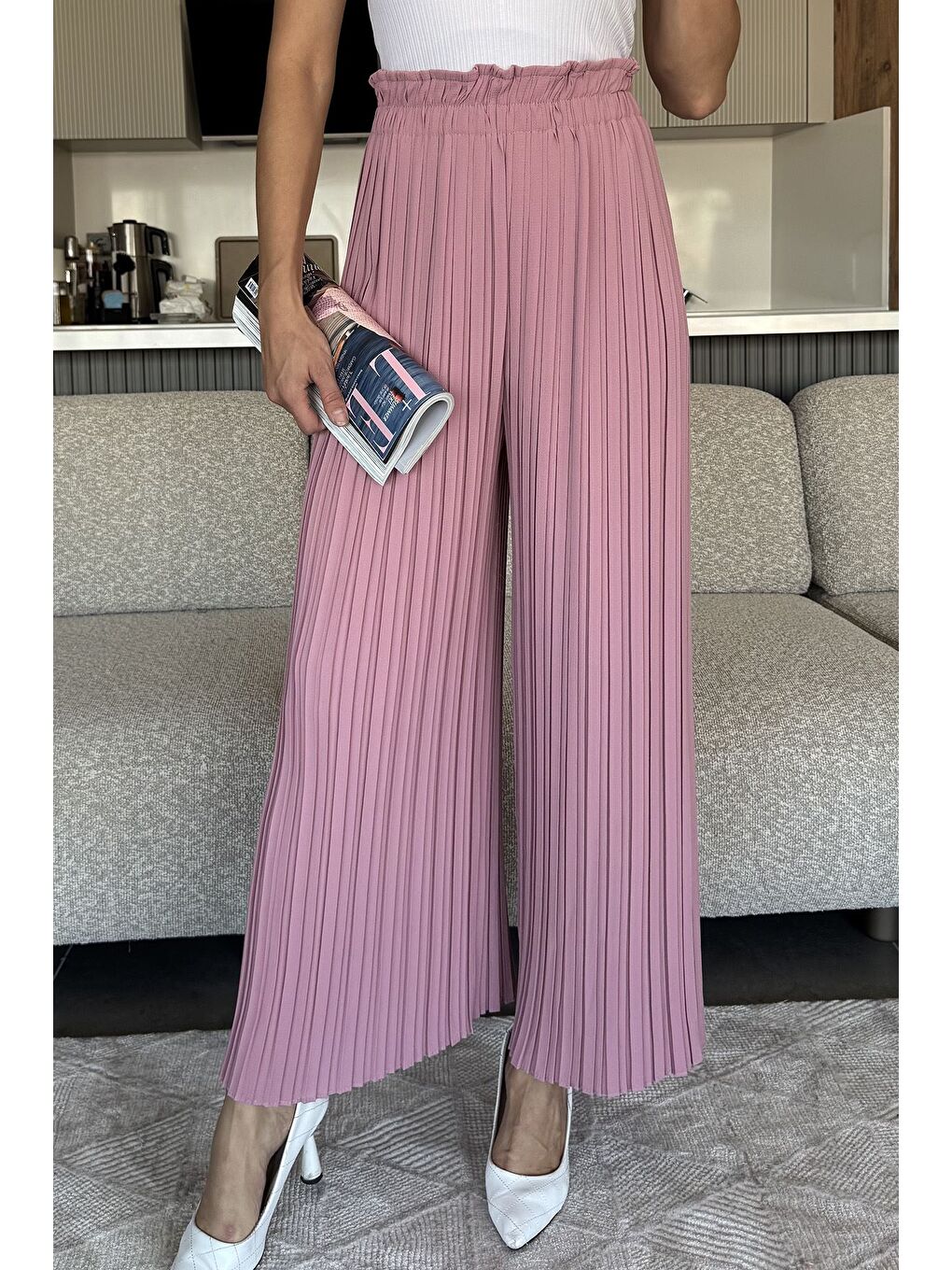 Pembe Kadın Bel Lastikli Piliseli Bol Kesim Pantolon-1