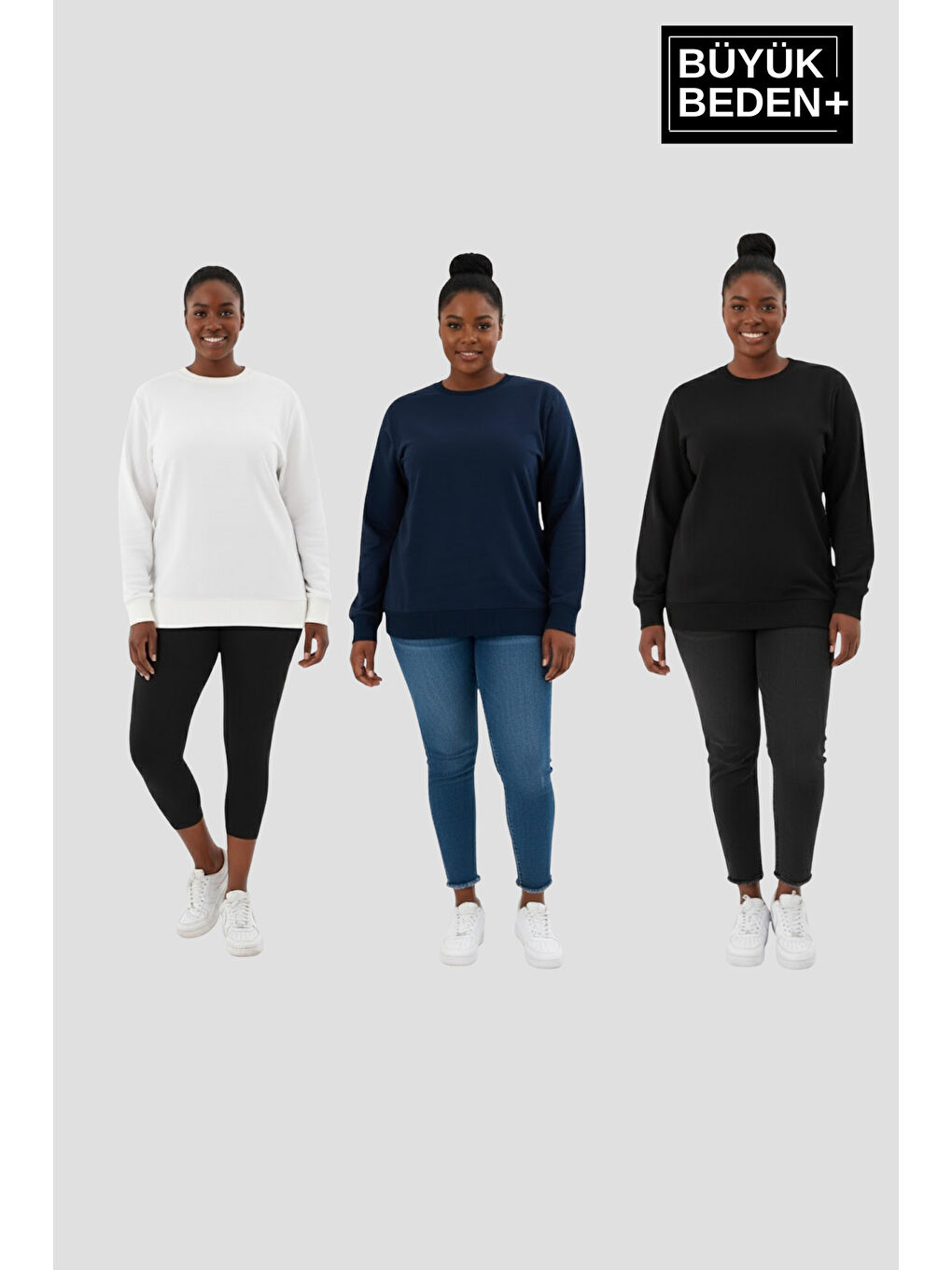 Siyah Kadın Büyük Beden İkili Bisiklet Yaka 3'lü Set -Rahat Kalıp İnce Sweatshirt SPR26BSW956+3