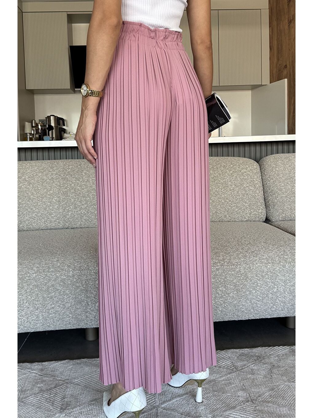 Pembe Kadın Bel Lastikli Piliseli Bol Kesim Pantolon-2