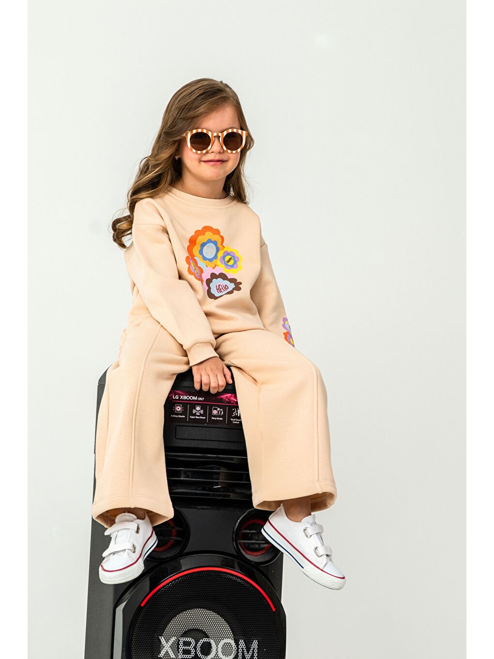 Ekru Kız Çocuk 3 İplik Kumaş İspanyol Paça Eşofman Takımı-4