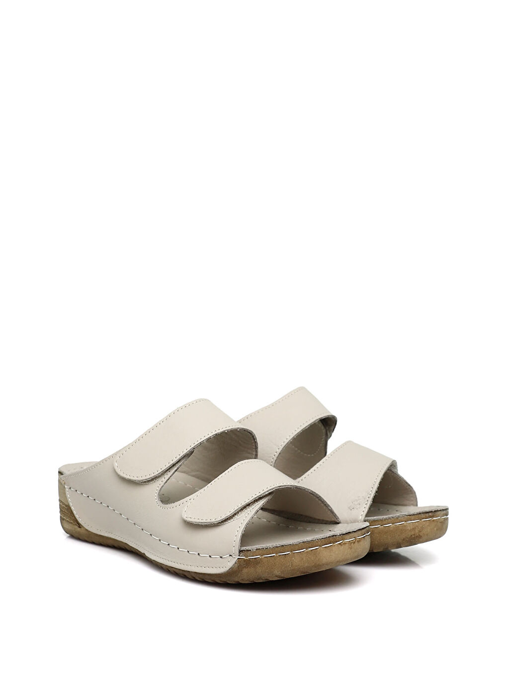 Ekru Kadın KREM Cırtlı Dolgu Taban Hakiki Deri Terlik-1