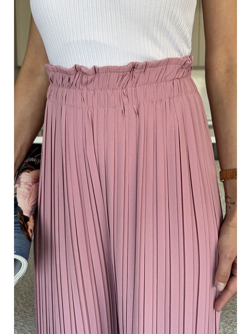 Pembe Kadın Bel Lastikli Piliseli Bol Kesim Pantolon-3