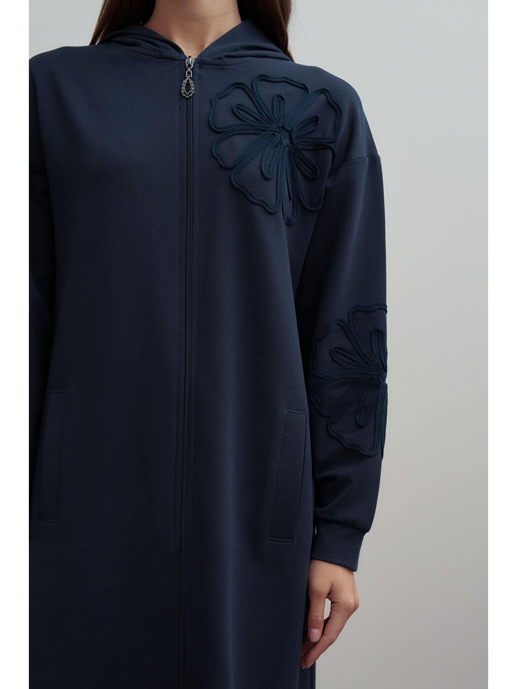 Lacivert-Pamuklu Nakışlı Fermuarlı Sweat Hırka-3