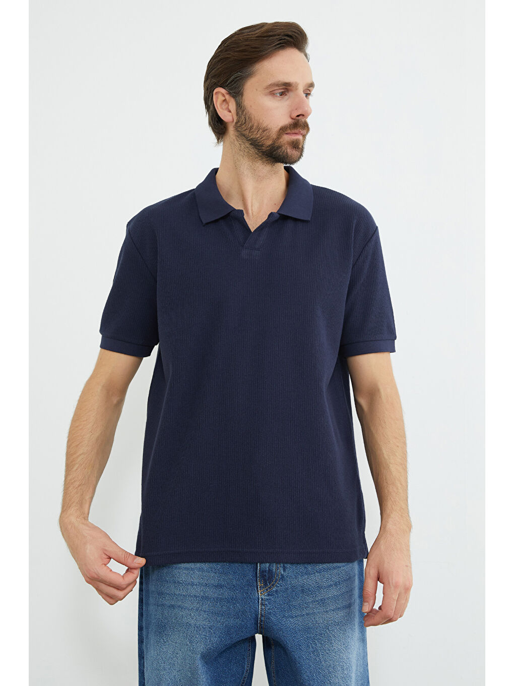 İndigo Fitilli Polo Yaka Triko Tişört-1