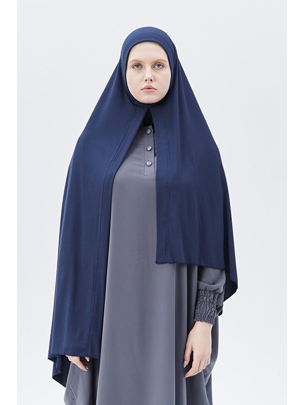 Lacivert Hazır Pratik Geçmeli Lüks Organik Çizgili Kaşkorse Şal Çapraz Hizalı-1